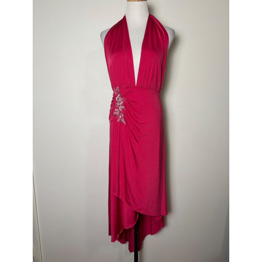 Muzzanghee VTG 90s Asymmetric Plunge V-Neck Midi Dress L Sexy Slinky Cocktail‎
